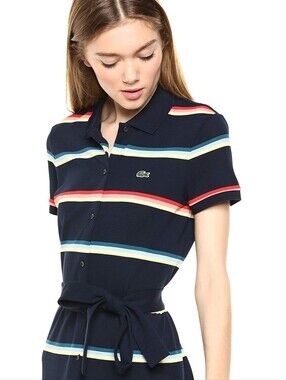 Lacoste Navy Polo with Red, Yellow and Teal Stripe Accents